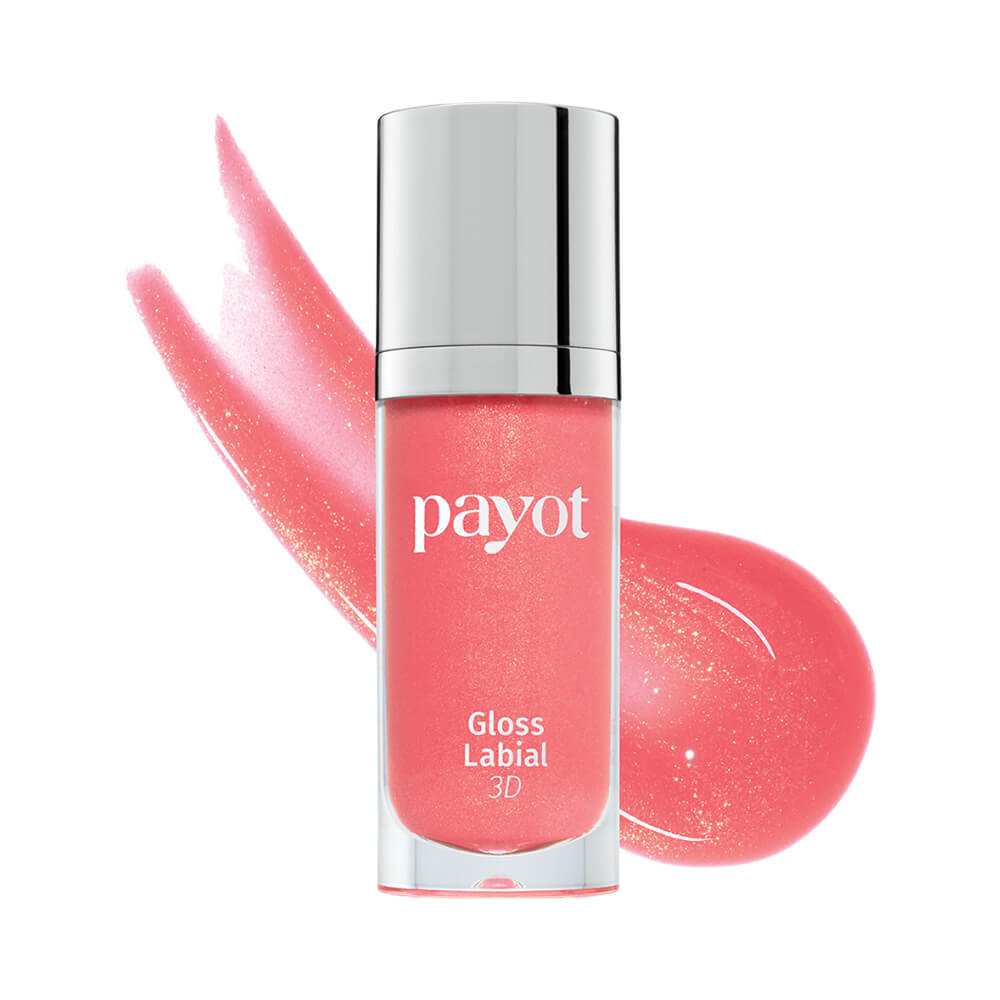 Frasco do Gloss Labial 3D Payot Goiaba 30 com amostras da cor rosa goiaba brilhante